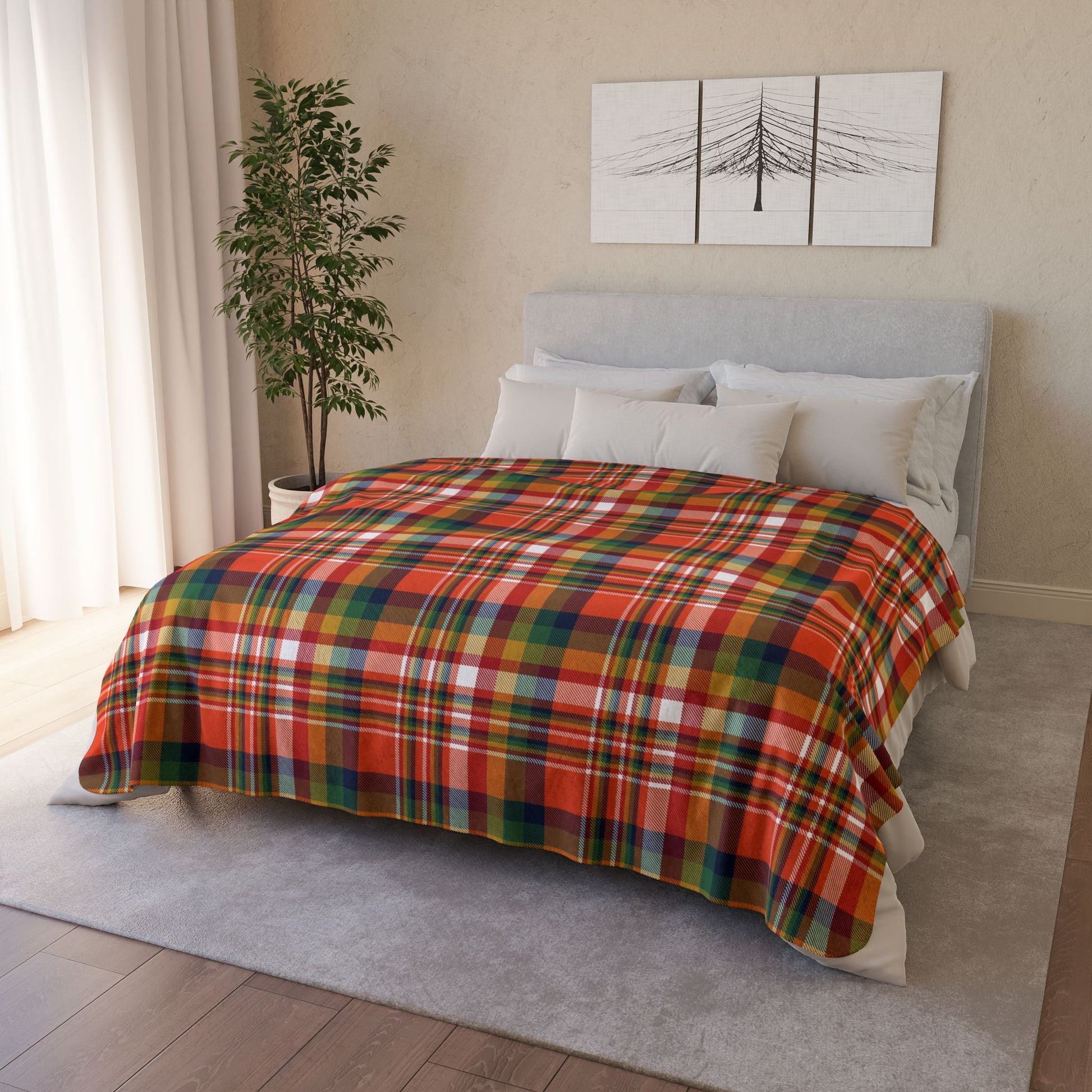 Christmas Orange & Blue Denver CO Plaid Fleece Sherpa Blanket