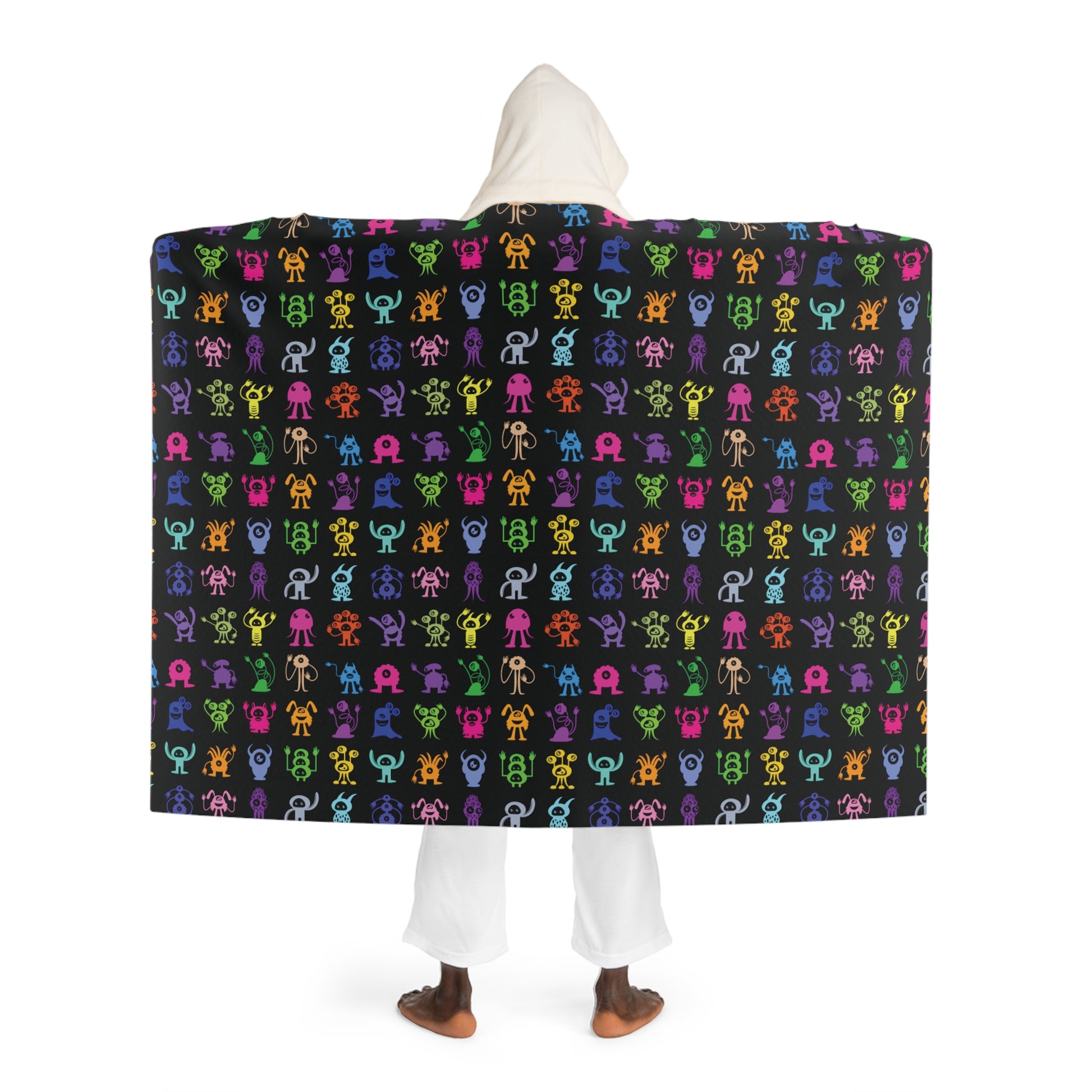 Halloween Multicolored Monsters Hooded Sherpa Fleece Blanket