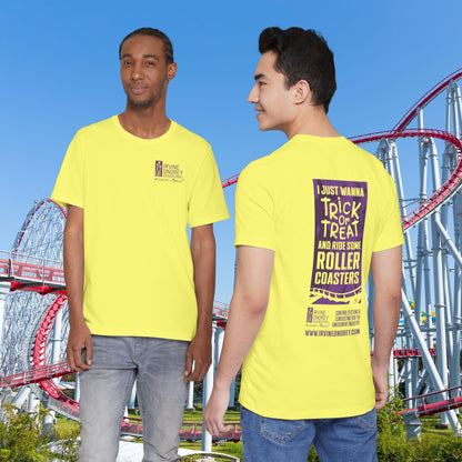 Yellow I Just Wanna Trick-or-Treat & Ride Roller Coasters Tee (BACK graphic) • Irvine Ondrey Engineering