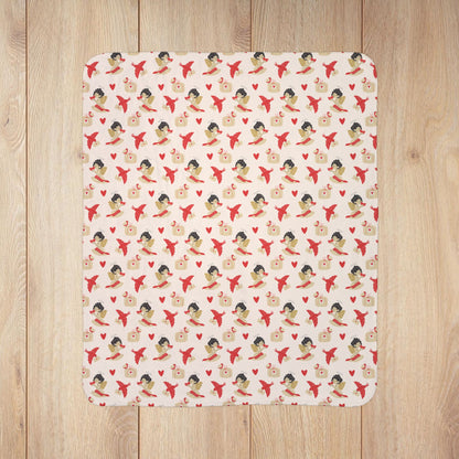 Vintage Cupid & Red Bird Valentine’s Day Fleece Sherpa Blanket