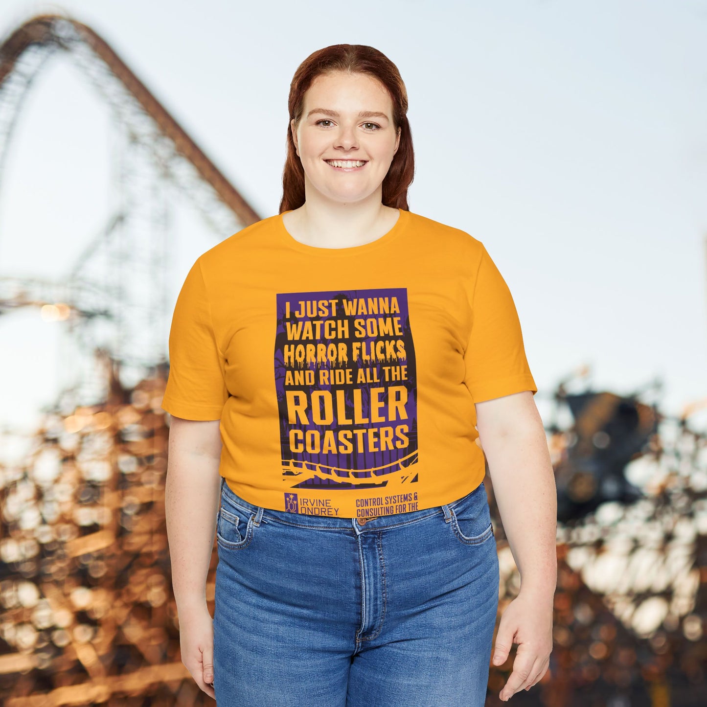 I Just Wanna Watch Horror Flicks & Ride Roller Coasters Tee (FRONT graphic) • Irvine Ondrey Engineering