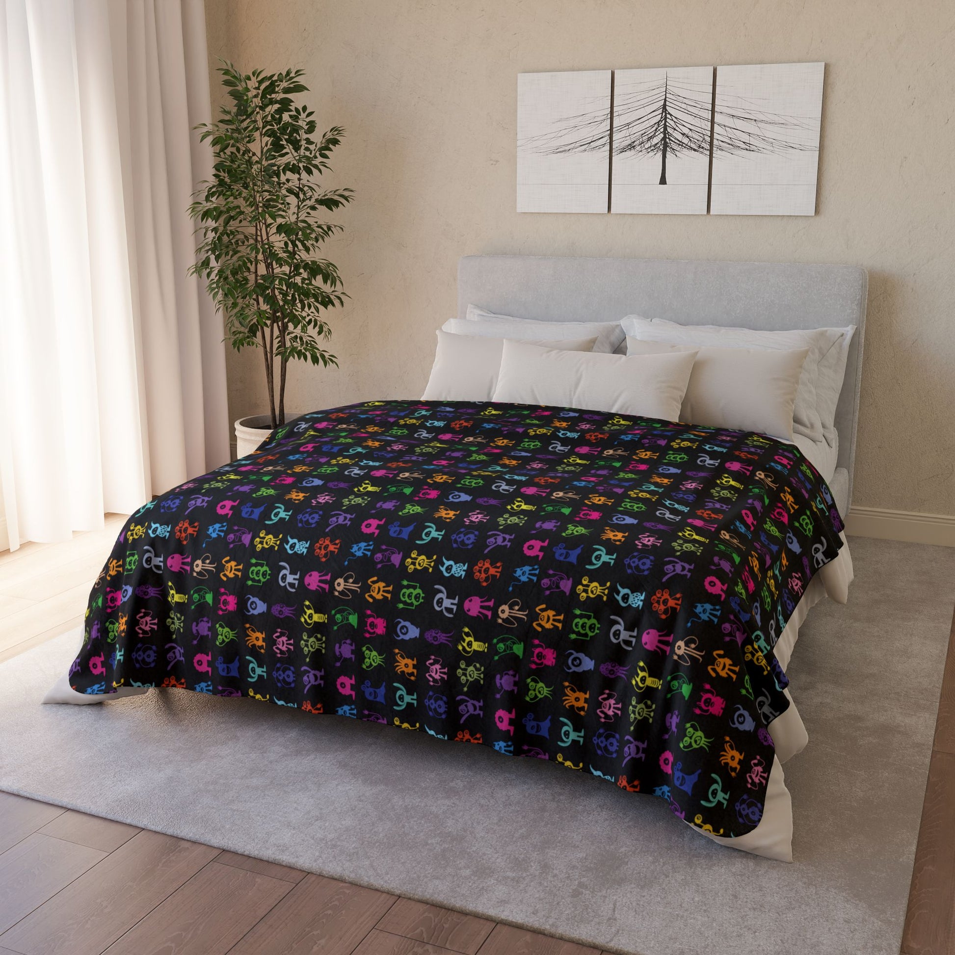 Halloween Multicolored Monsters Fleece Sherpa Blanket