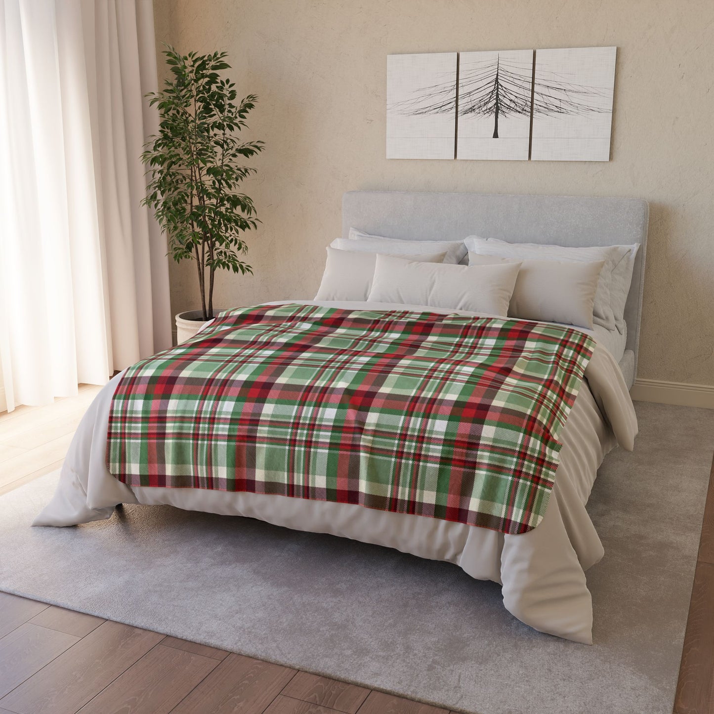 Christmas Red, Green & Cream Plaid Fleece Sherpa Blanket