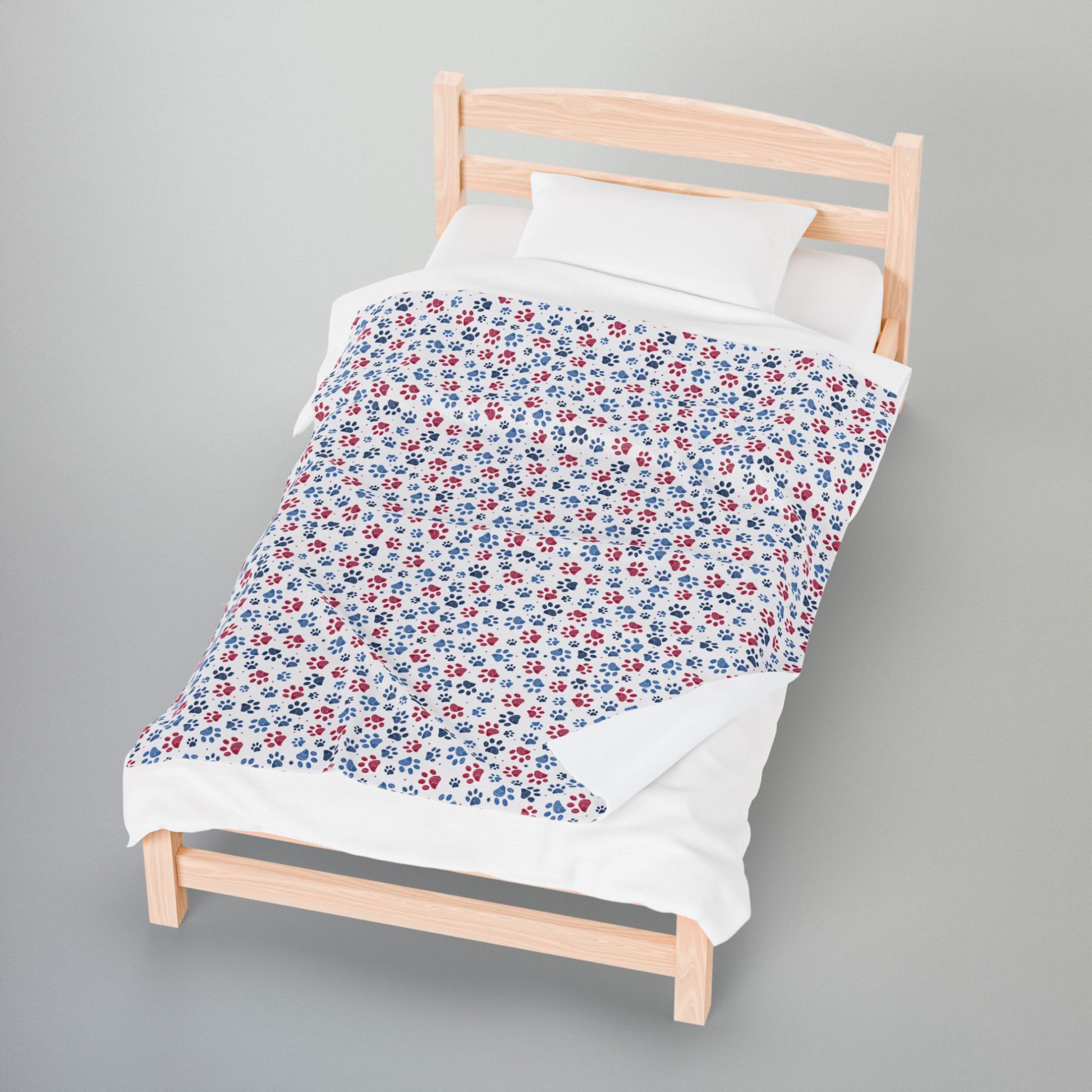 America U.S.A. Red, White & Blue Paw Prints Light Grey Velveteen Plush Blanket