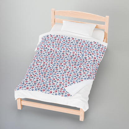 America U.S.A. Red, White & Blue Paw Prints Light Grey Velveteen Plush Blanket