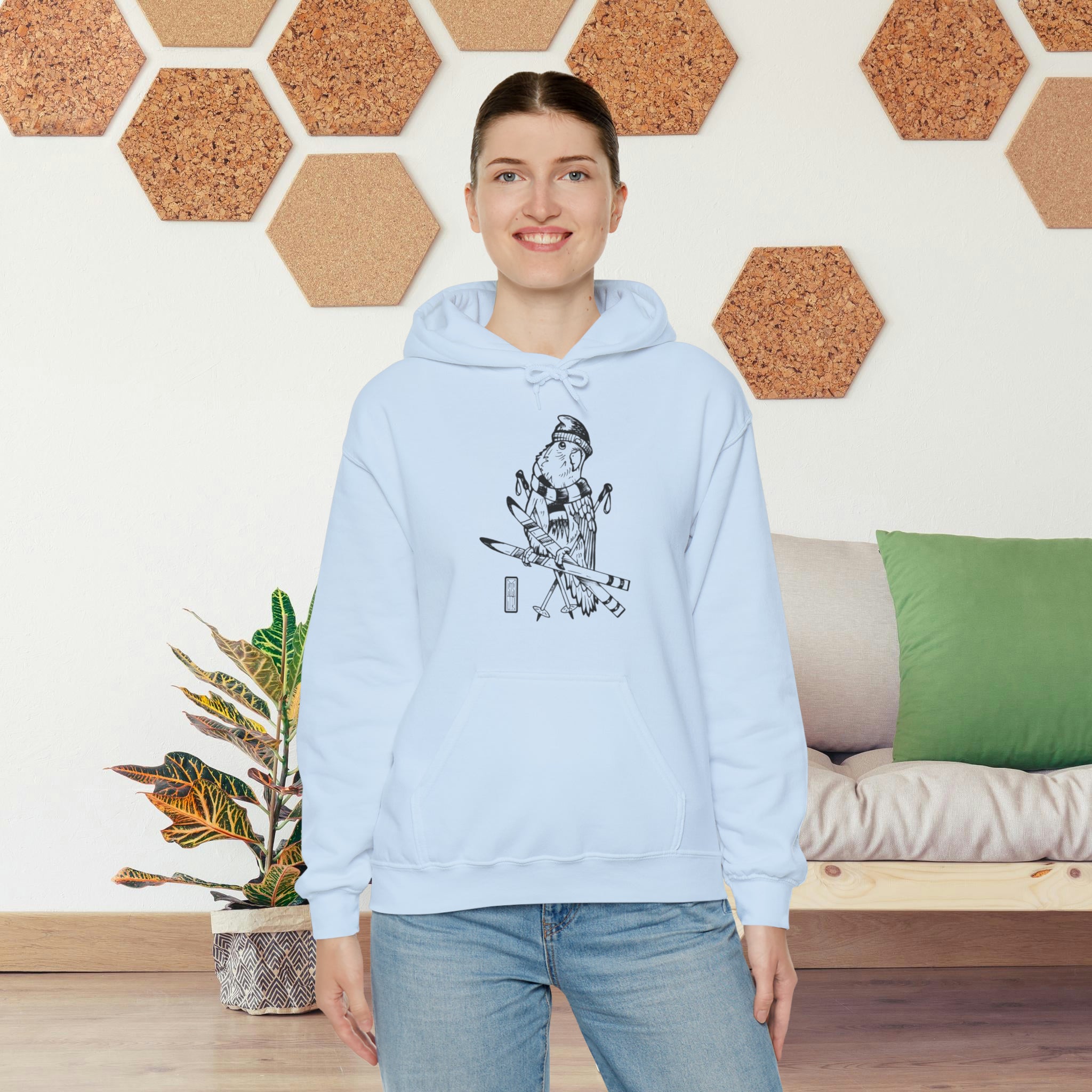 Light Blue Lovebird Goes Skiing, Line Art Hoodie