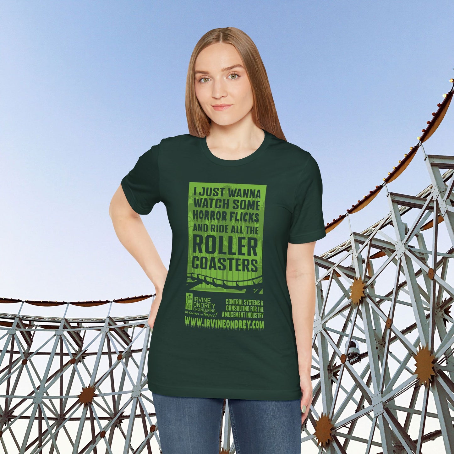 I Just Wanna Watch Horror Flicks & Ride Roller Coasters Tee (FRONT graphic) • Irvine Ondrey Engineering