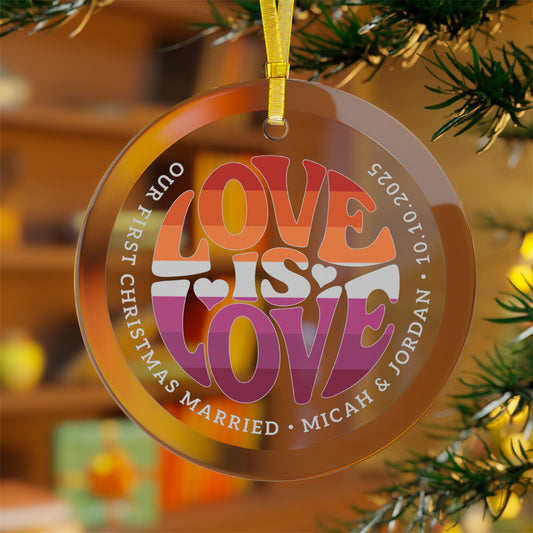 Custom Glass Love is Love Lesbian 7-Stripe Sunset Pride 3.5" Circle Ornaments