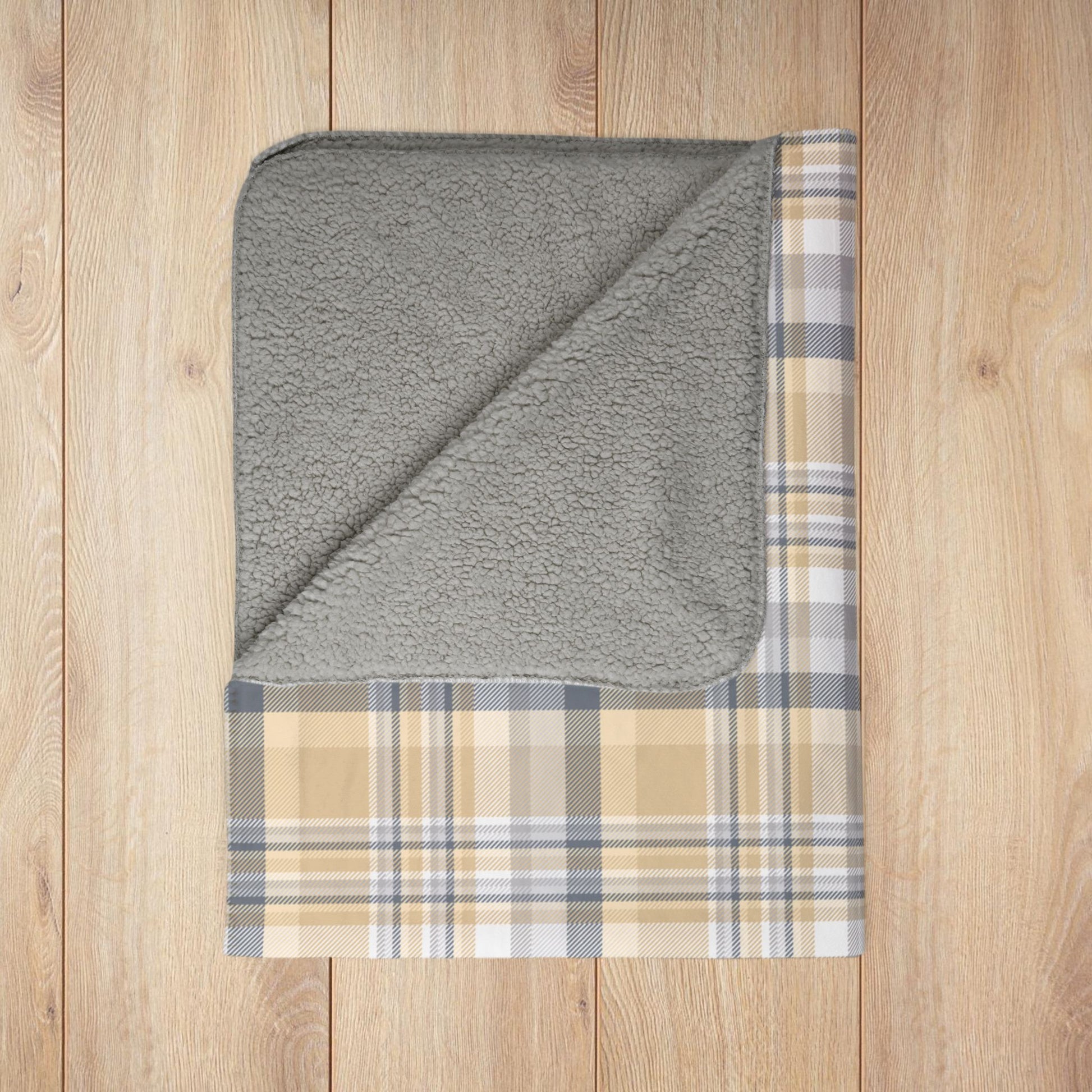 Winter Tan & Grey Plaid Fleece Sherpa Blanket