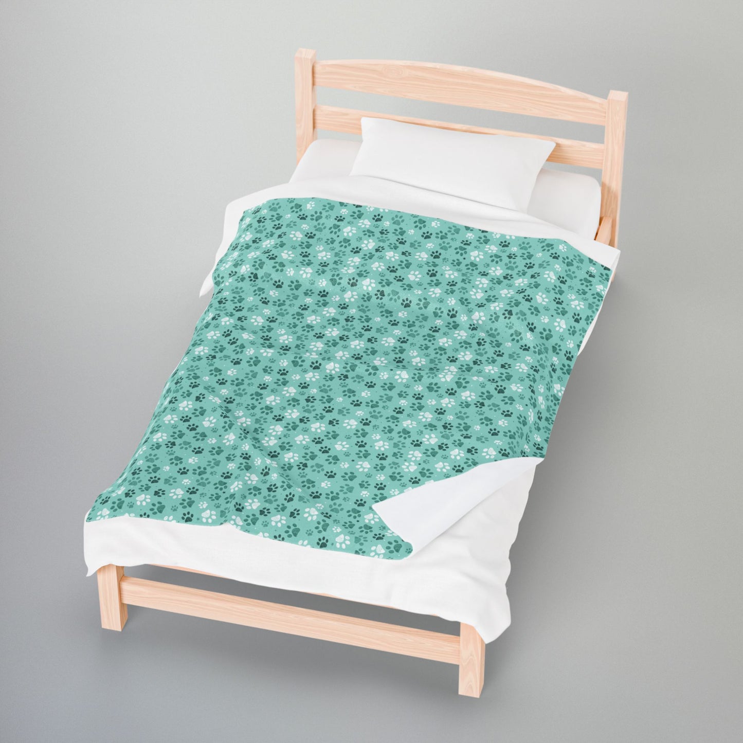 Seagreen Paw Prints Velveteen Plush Blanket