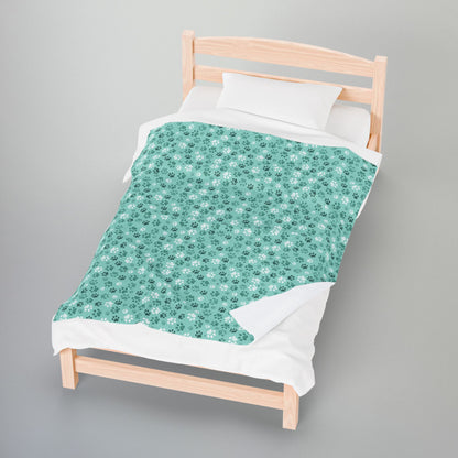 Seagreen Paw Prints Velveteen Plush Blanket