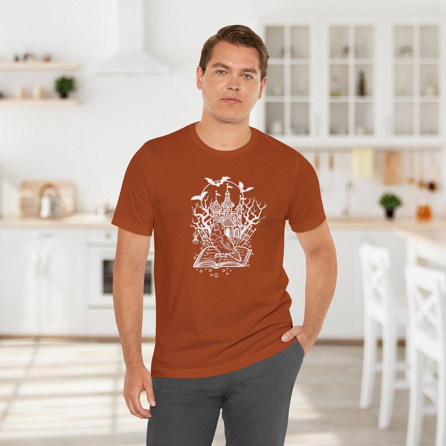 Lovebird on a Spell Book by a Haunted House, Line Art Tee