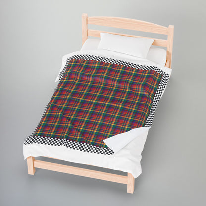 Red, Yellow, Green, Blue & Purple Sandusky OH Plaid with Checkered Edge Velveteen Plush Blanket