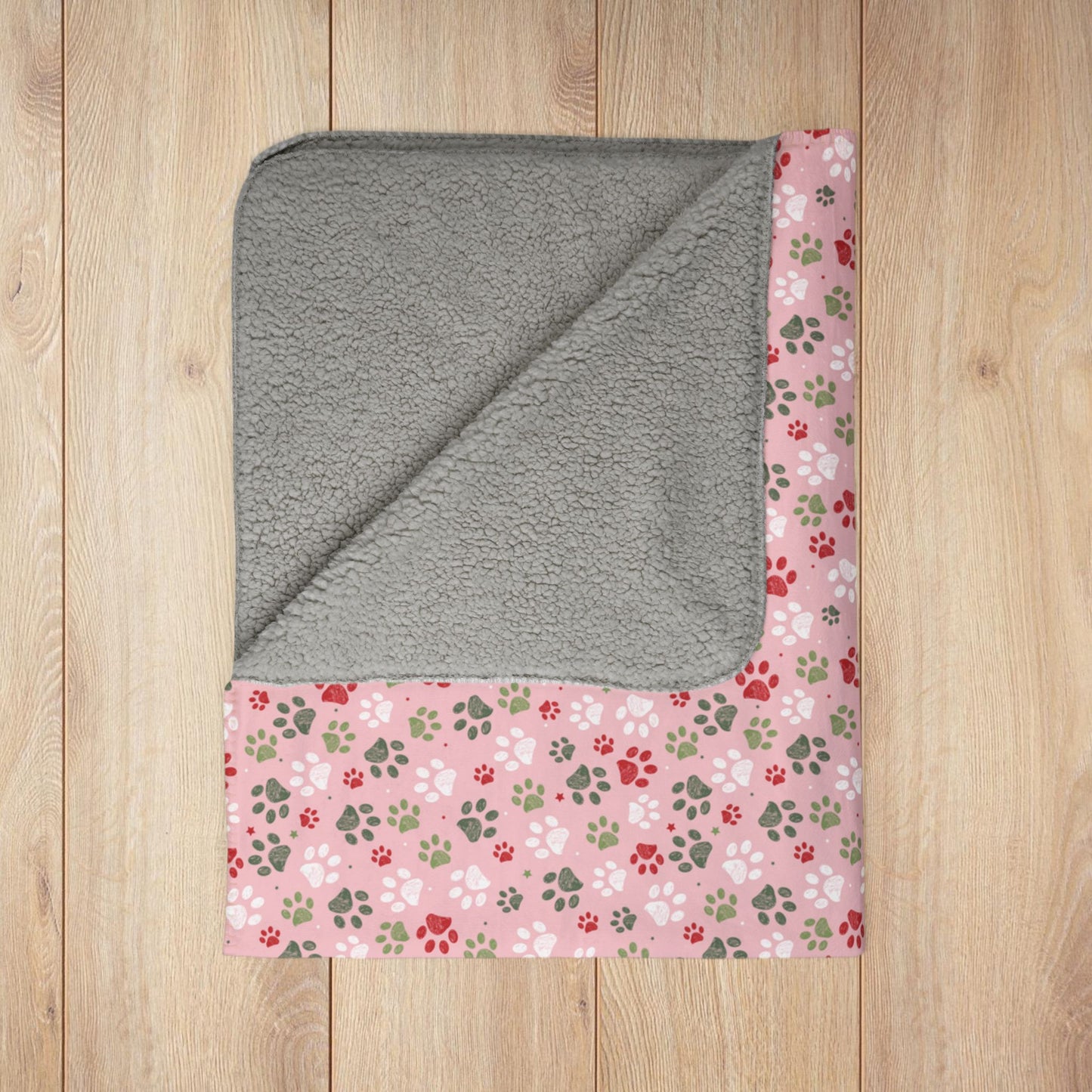 Christmas Pink & Red Paw Prints Fleece Sherpa Blanket