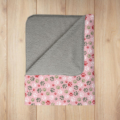 Christmas Pink & Red Paw Prints Fleece Sherpa Blanket