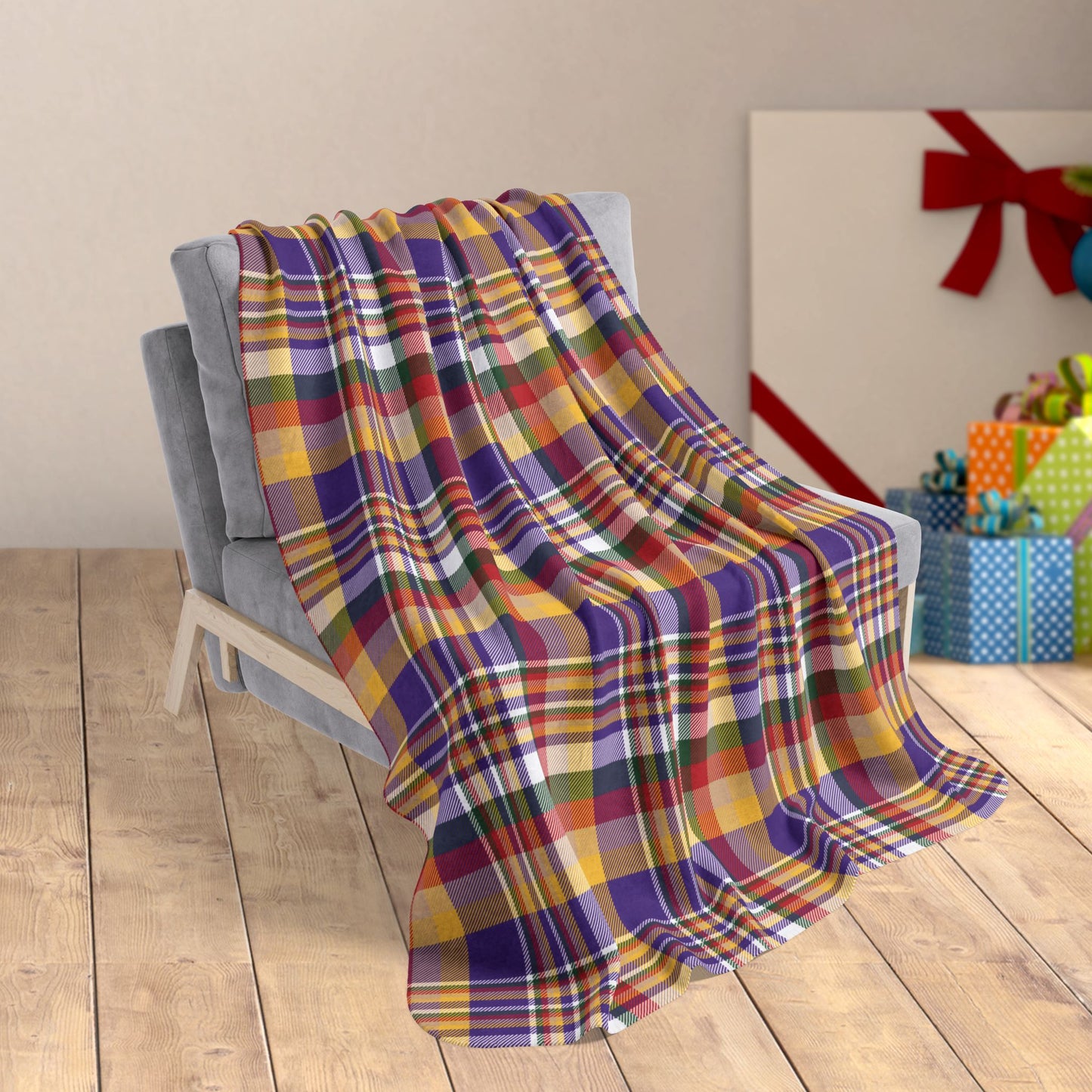 50" × 60" Christmas Purple & Gold Minneapolis MN Plaid Fleece Sherpa Blanket