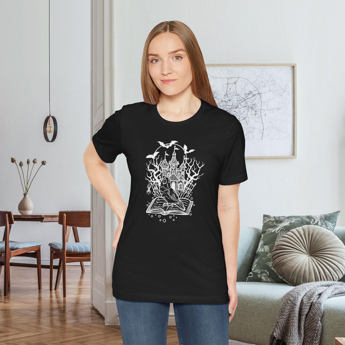 Lovebird on a Spell Book by a Haunted House, Line Art Tee