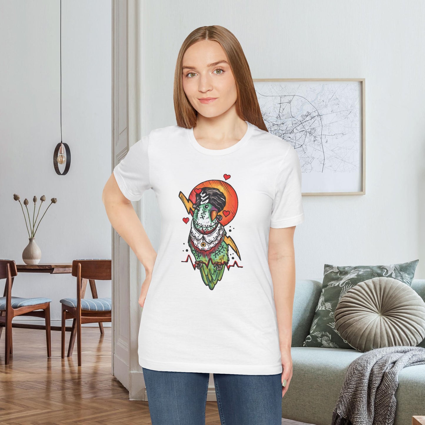 Bride of Frankenstein Lovebird, Hand-Drawn & Hand-Colored Tee