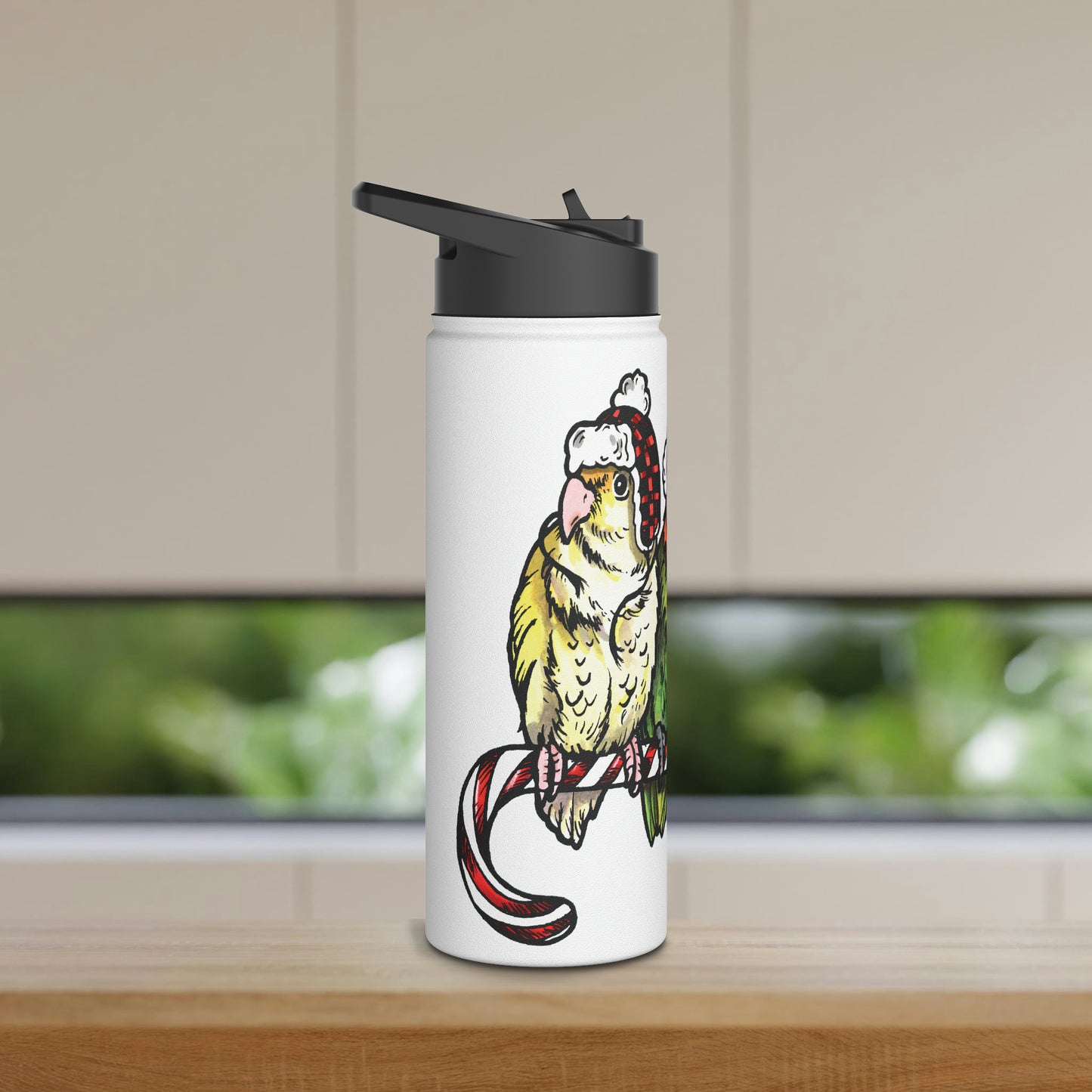 3 Lovebirds in Winter Wear & Perched on a Candy Cane, Stainless-Steel BPA-Free Water Bottle with Built-In Straw