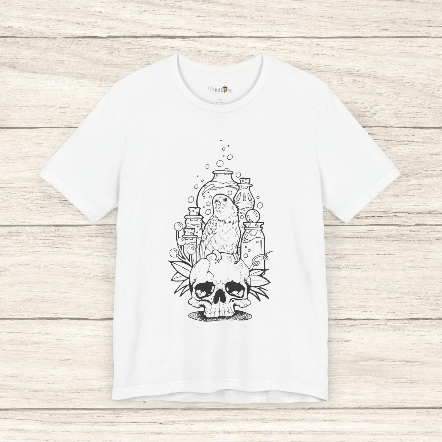 Crazy Scientist Lovebird Sitting on a Skull, Line Art Tee