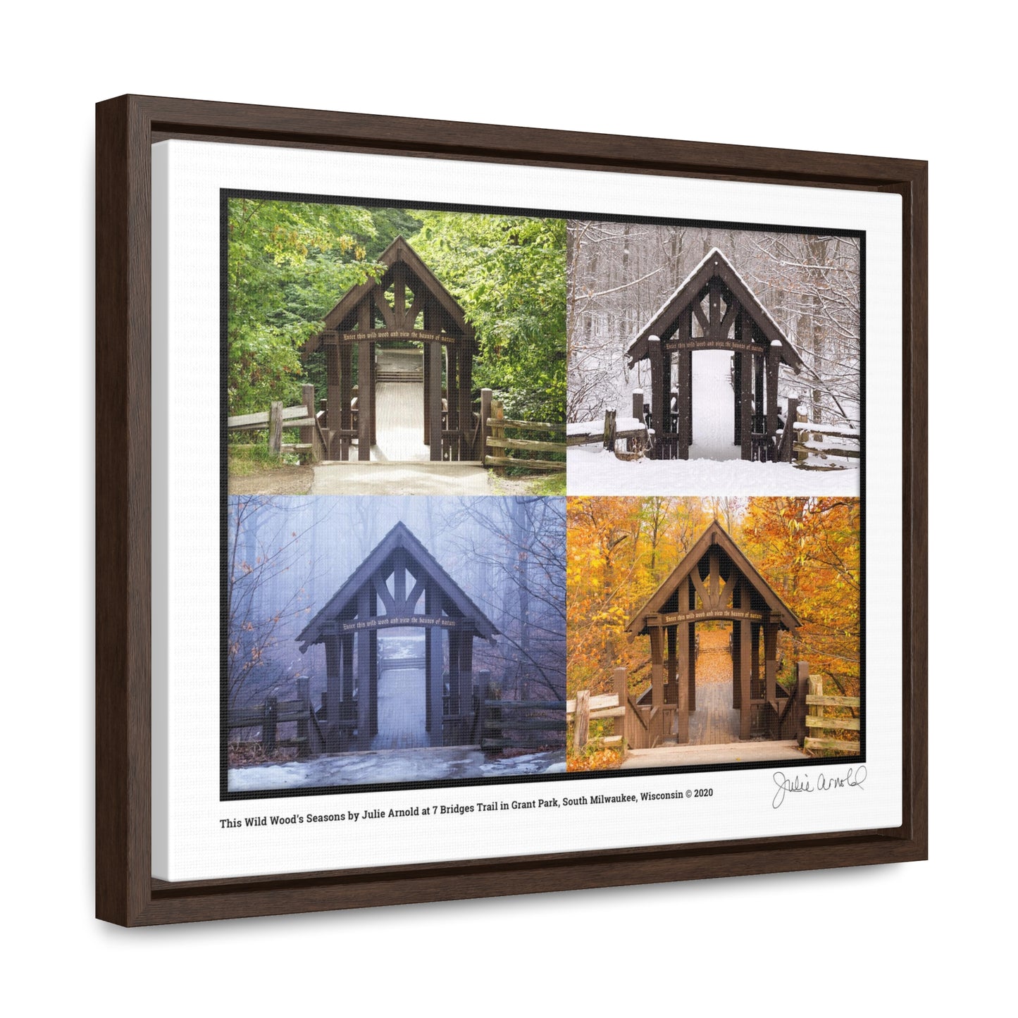 7 Bridges Trail’s Covered Bridge at Grant Park in South Milwaukee Wisconsin, All 4 Seasons Photo Collage, Framed Canvas Wrap Wall Art