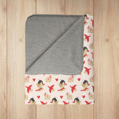 Vintage Cupid & Red Bird Valentine’s Day Fleece Sherpa Blanket
