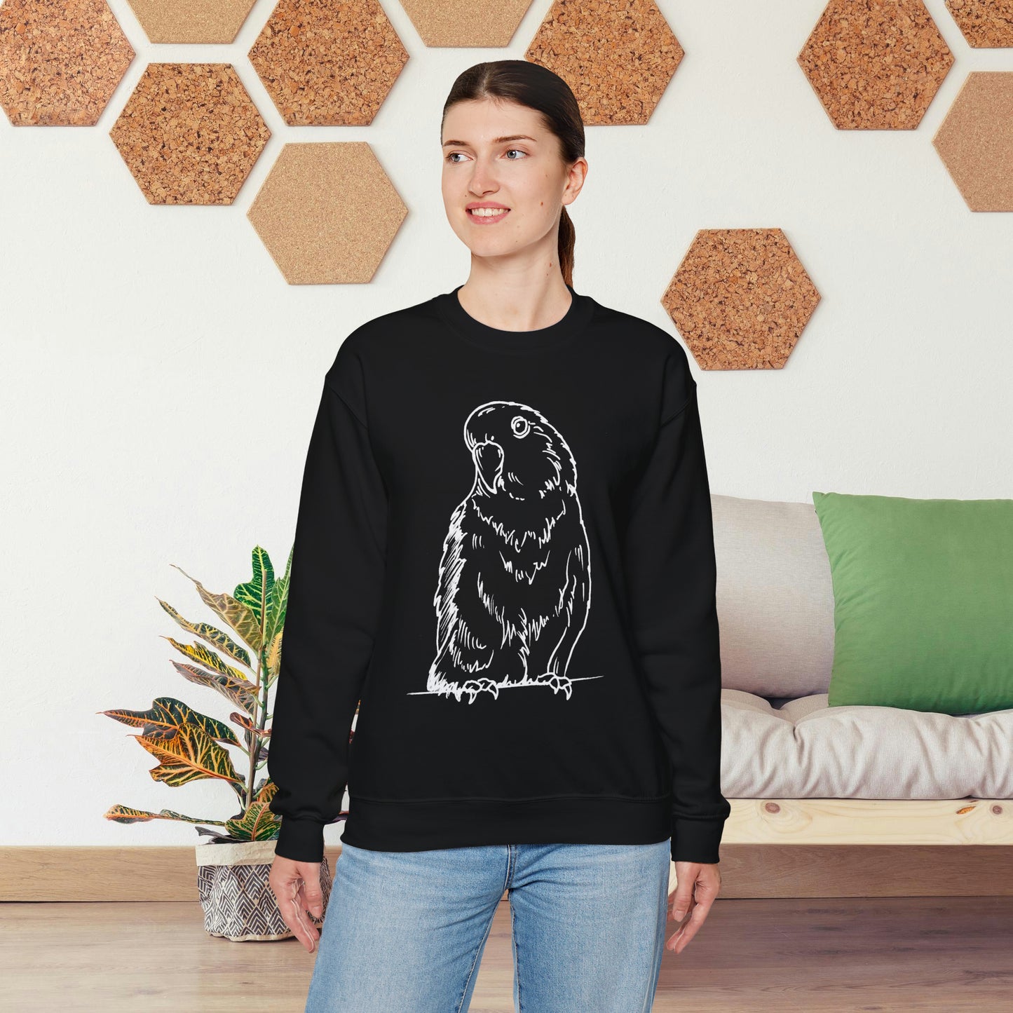 Floofball Lovebird, Line Art Crew Neck Sweatshirt