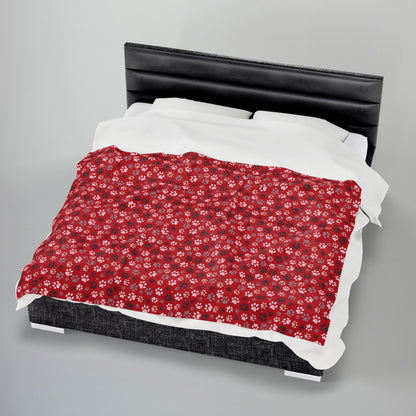 Black & White Paw Prints Red Velveteen Plush Blanket
