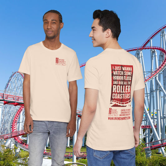 Soft Cream I Just Wanna Watch Horror Flicks & Ride Roller Coasters Tee (BACK graphic) • Irvine Ondrey Engineering