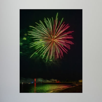 Green & Pink 4th of July Fireworks over Kenosha Pier Light Rolled Poster