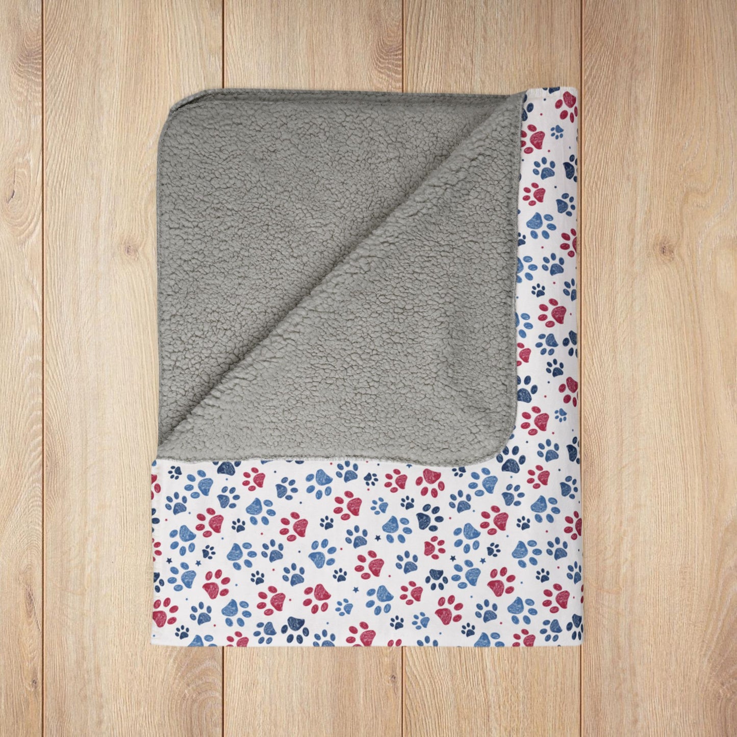 America U.S.A. Red, White & Blue Paw Prints Light Grey Fleece Sherpa Blanket