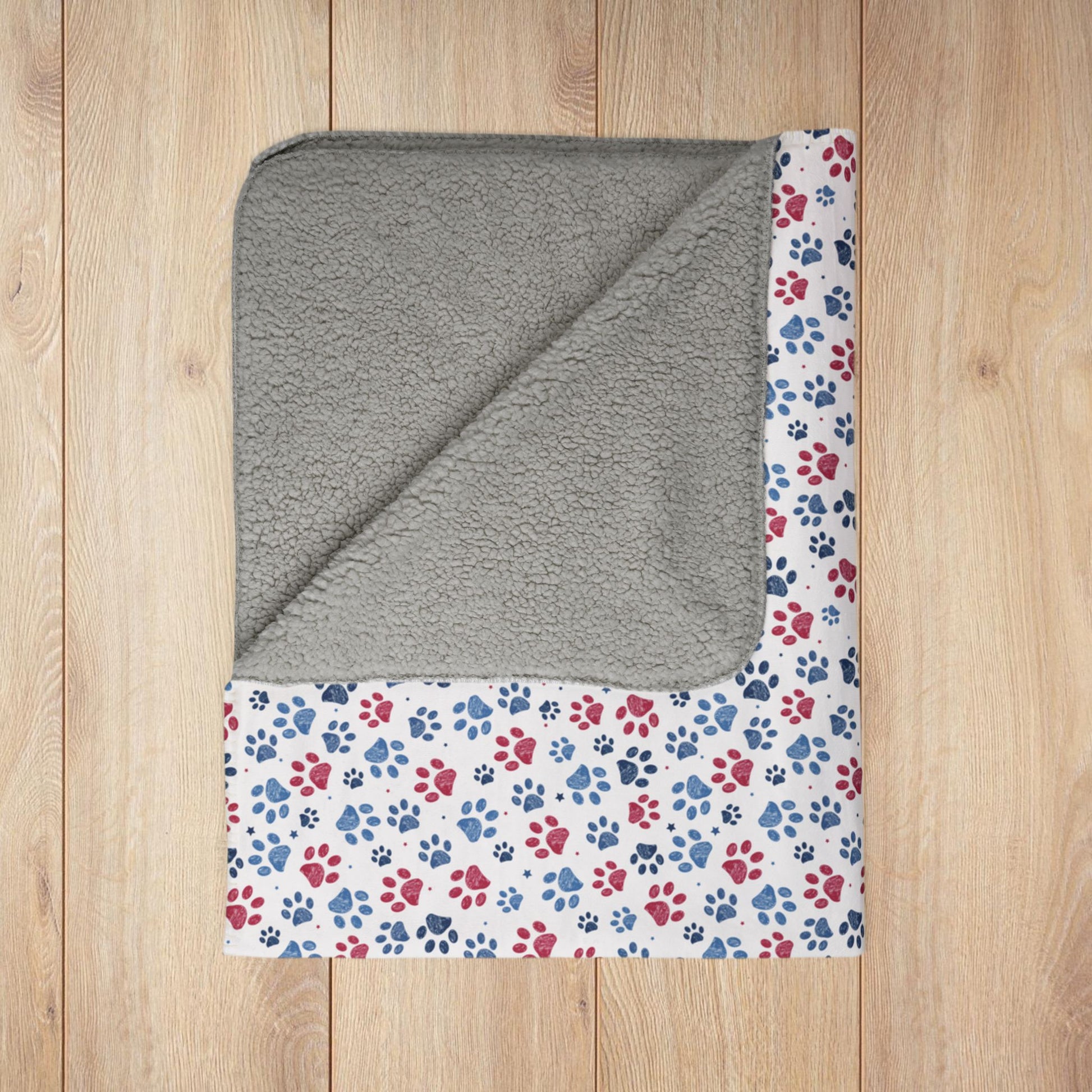 America U.S.A. Red, White & Blue Paw Prints Light Grey Fleece Sherpa Blanket