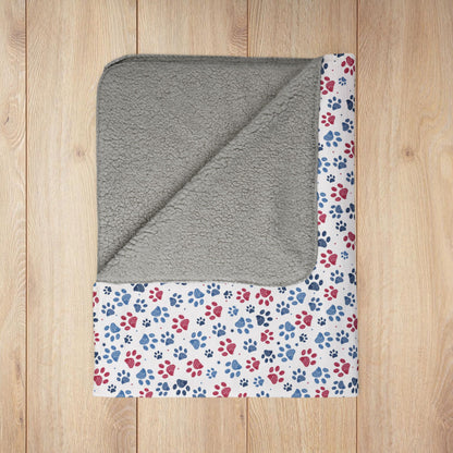 America U.S.A. Red, White & Blue Paw Prints Light Grey Fleece Sherpa Blanket