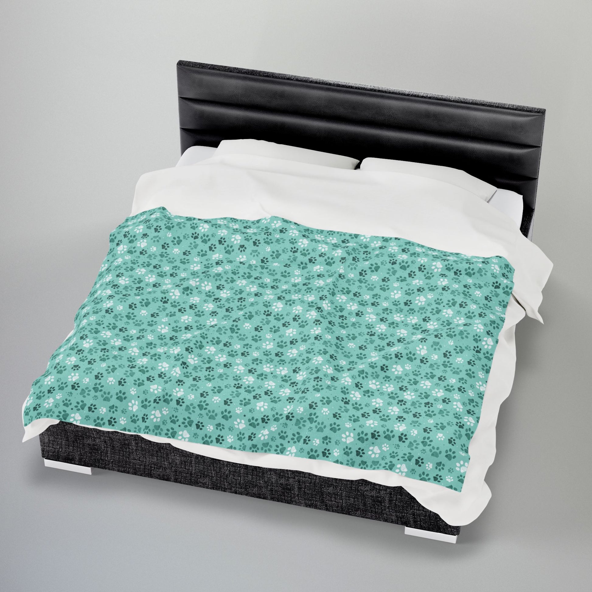 Seagreen Paw Prints Velveteen Plush Blanket