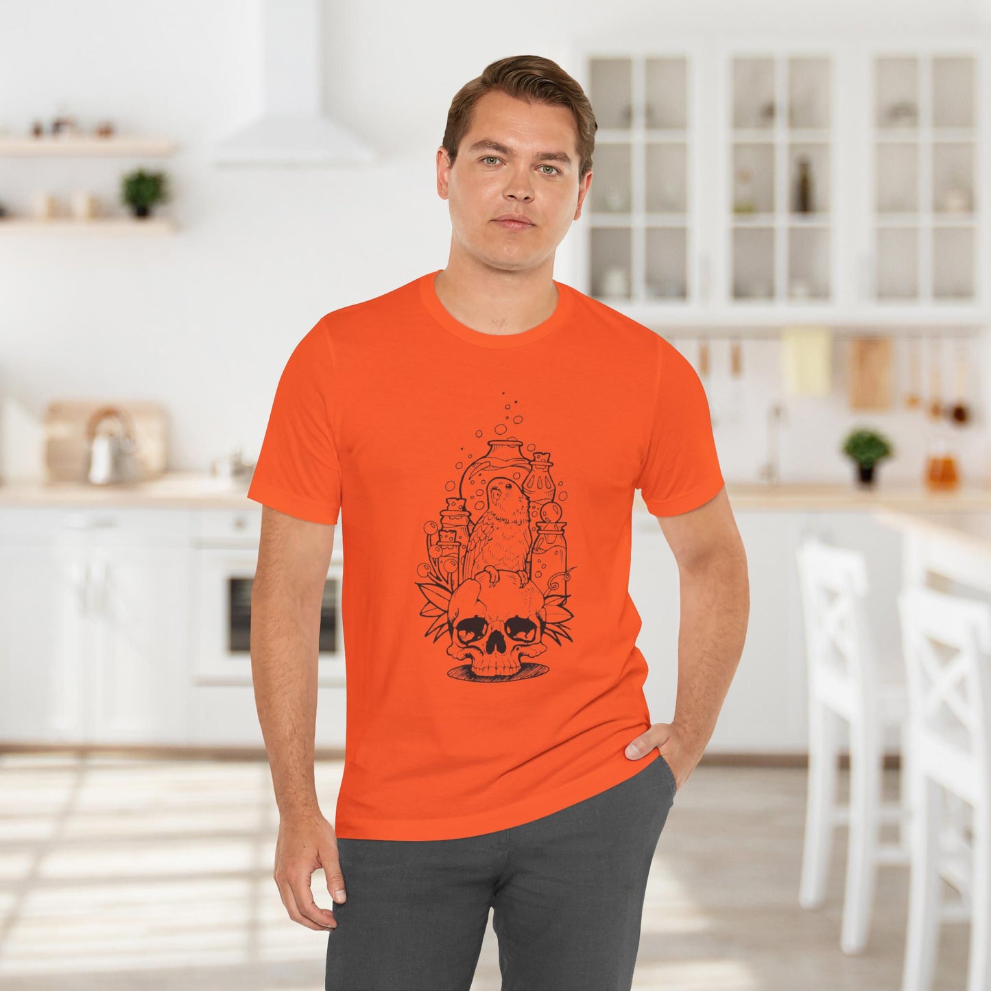 Crazy Scientist Lovebird Sitting on a Skull, Line Art Tee