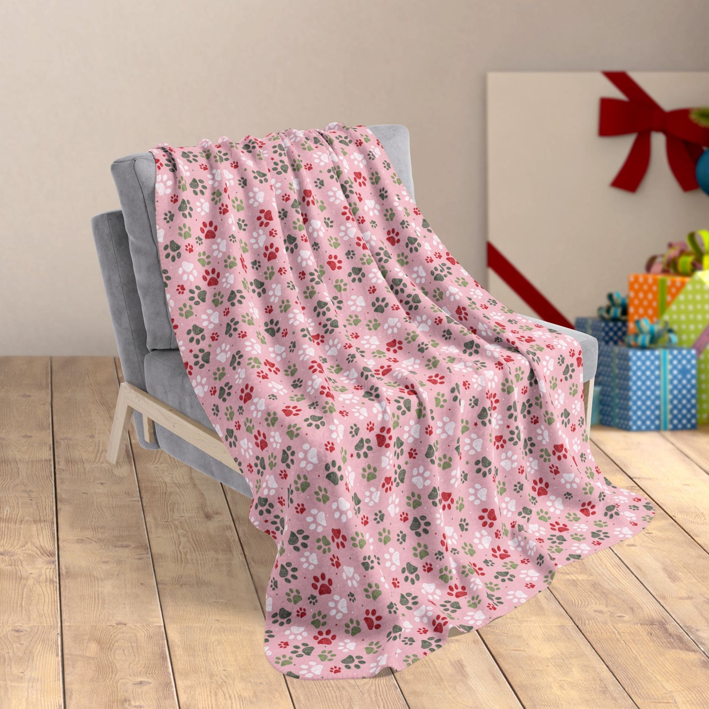 50" × 60" Christmas Pink & Red Paw Prints Fleece Sherpa Blanket