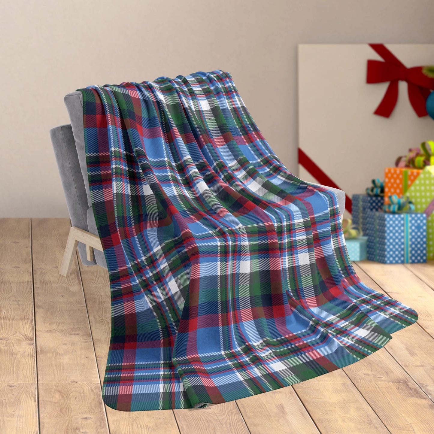 60" × 80" Christmas Navy & Light Blue Nashville TN Plaid Fleece Sherpa Blanket