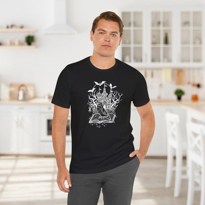 Lovebird on a Spell Book by a Haunted House, Line Art Tee