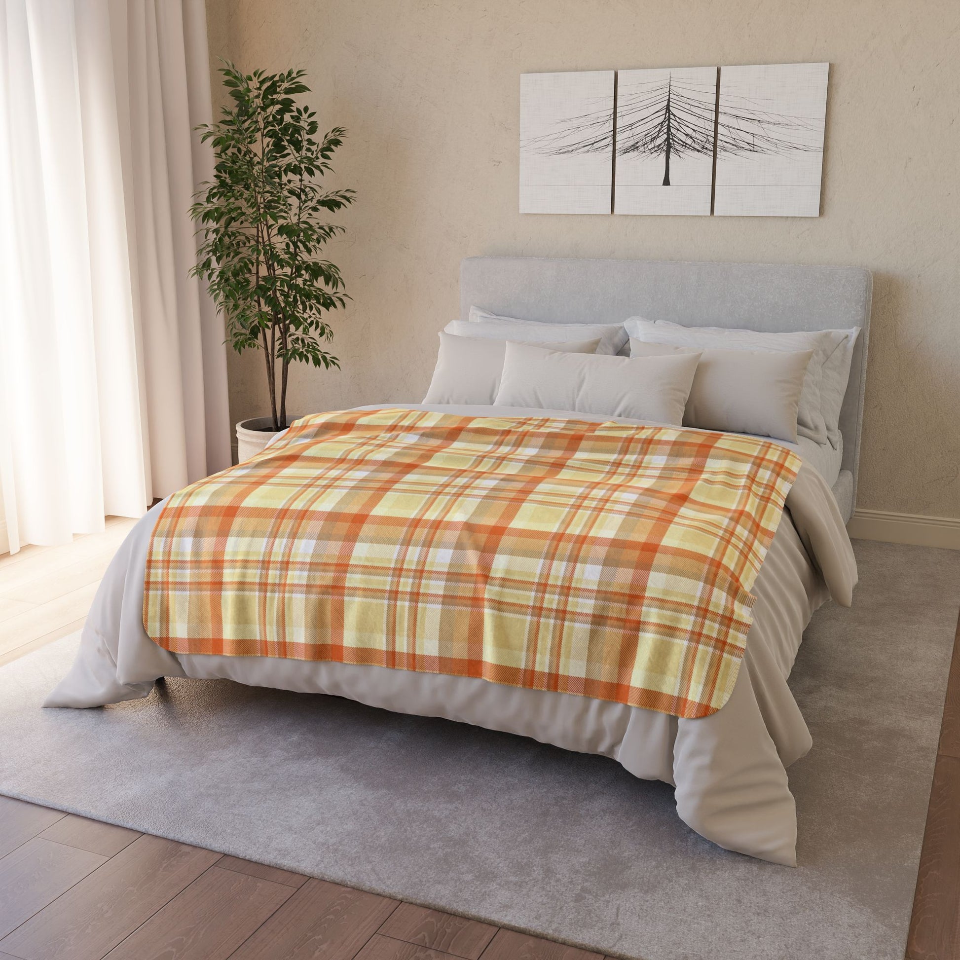 Summer Orange Plaid Fleece Sherpa Blanket