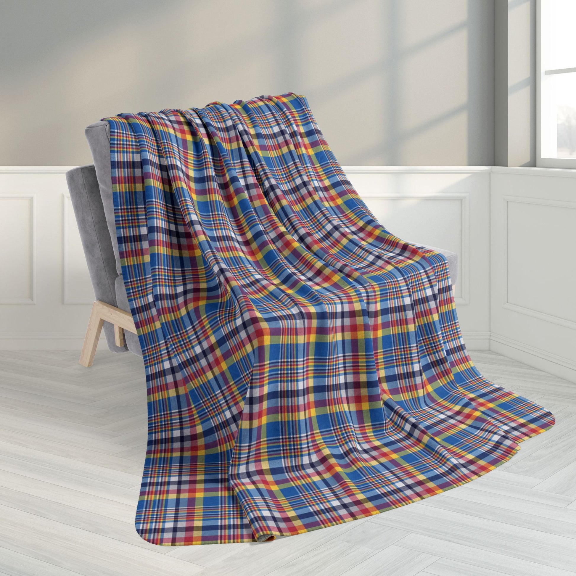 60" × 80" Blue, Red & Yellow Ohio Plaid Fleece Sherpa Blanket
