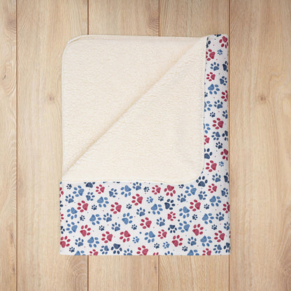 America U.S.A. Red, White & Blue Paw Prints Light Grey Fleece Sherpa Blanket