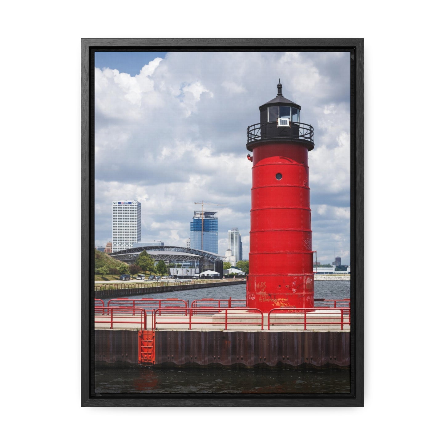 Milwaukee Wisconsin Lighthouse & Skyline; Milwaukee Pierhead Light, Photography Framed Canvas Wrap Wall Art