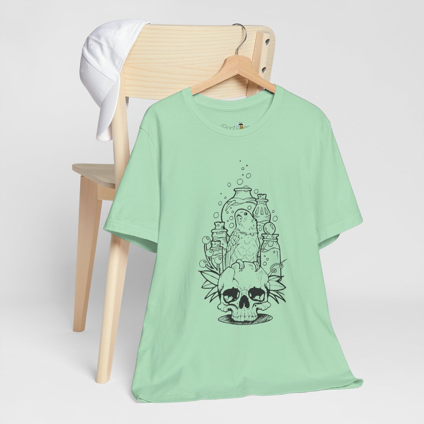 Crazy Scientist Lovebird Sitting on a Skull, Line Art Tee