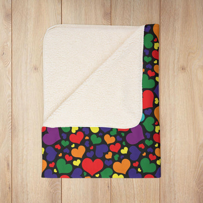 Rainbow 7-Color Pride Valentine’s Day Hearts Black Fleece Sherpa Blanket