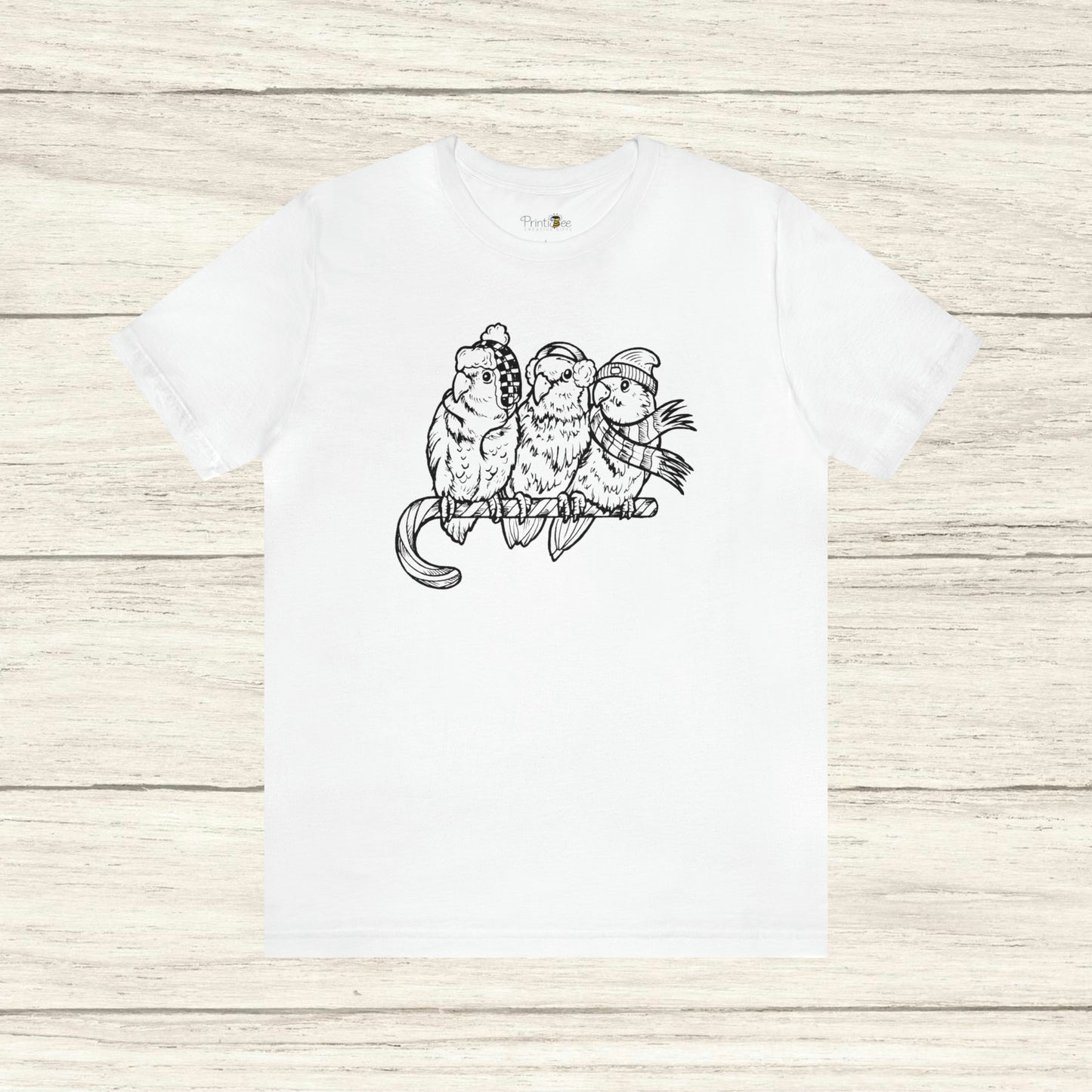 3 Lovebirds in Winter Wear & Perched on a Candy Cane, Line Art Tee