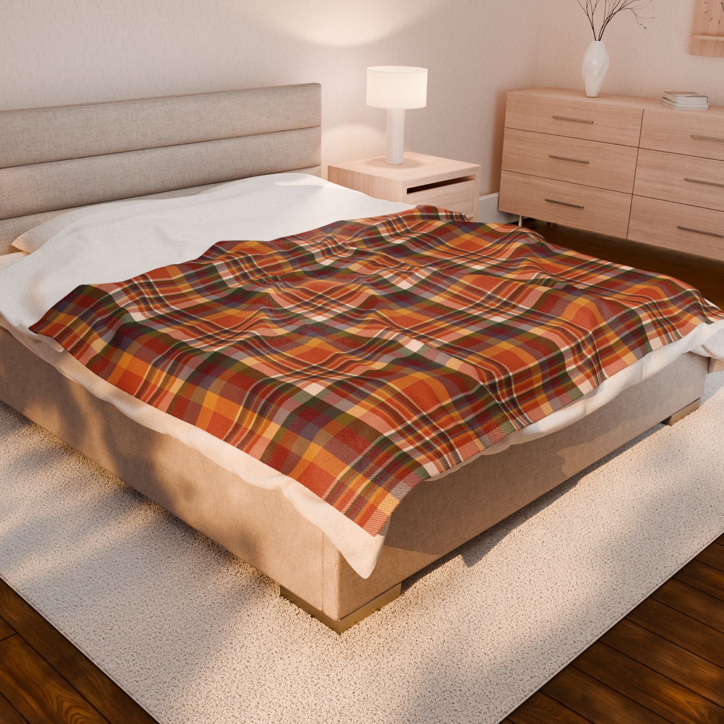 Autumn Burnt Orange Plaid Velveteen Plush Blanket