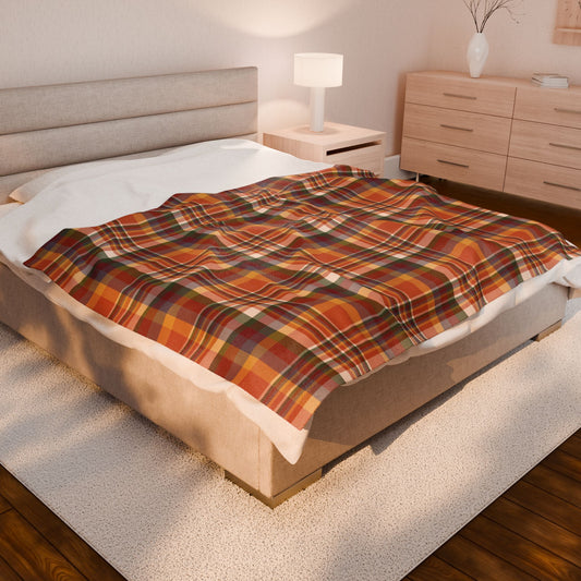 Autumn Burnt Orange Plaid Velveteen Plush Blanket