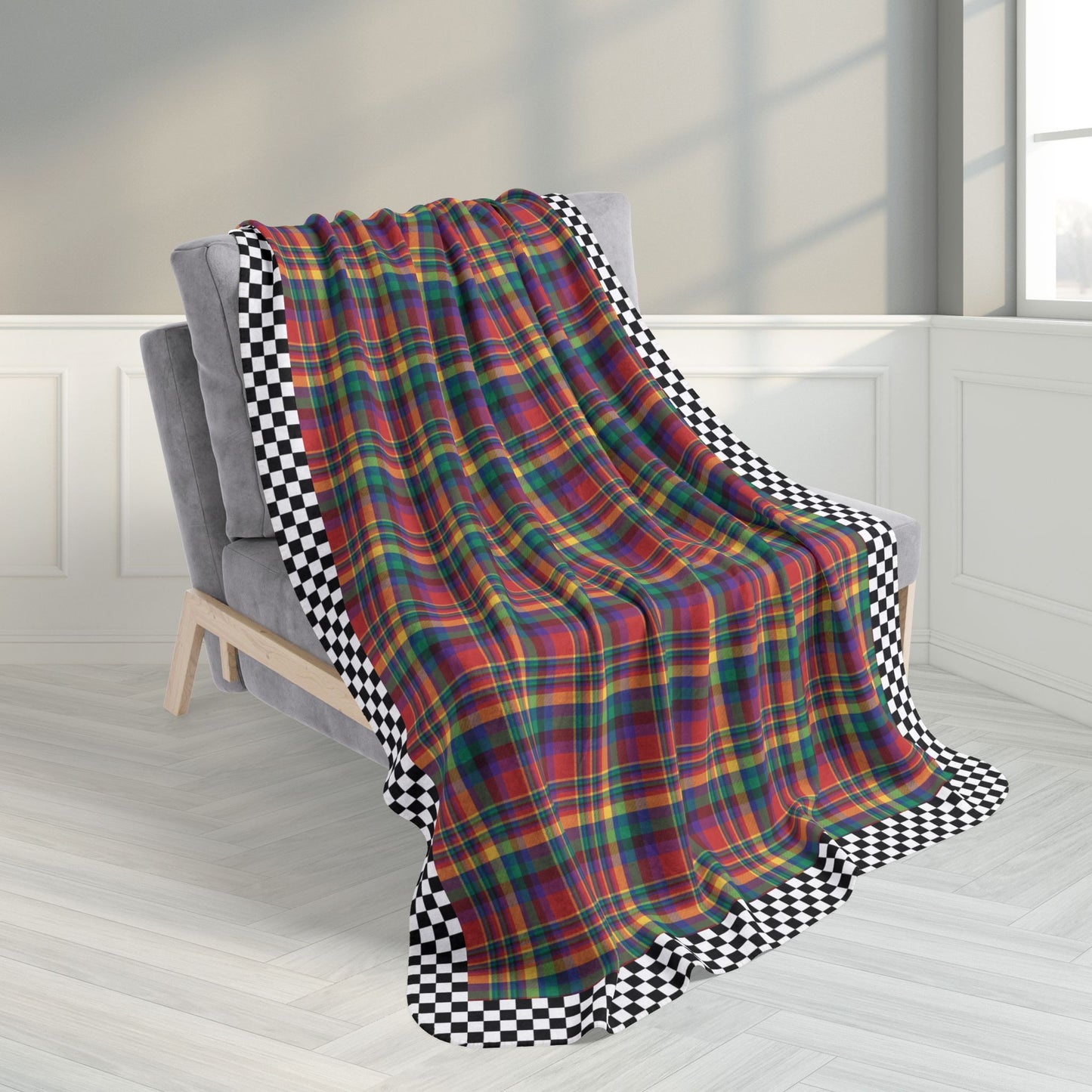 50" × 60" Red, Yellow, Green, Blue & Purple Ohio Plaid with Checkered Edge Fleece Sherpa Blanket