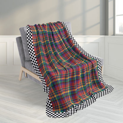50" × 60" Red, Yellow, Green, Blue & Purple Ohio Plaid with Checkered Edge Fleece Sherpa Blanket