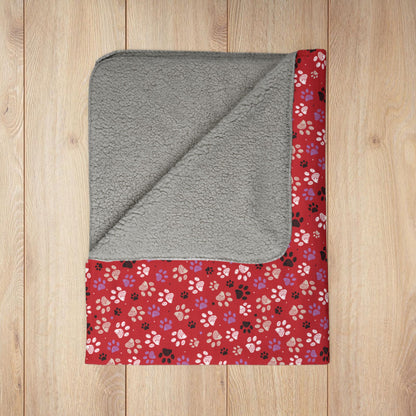 Black, White & Purple Paw Prints Red Fleece Sherpa Blanket